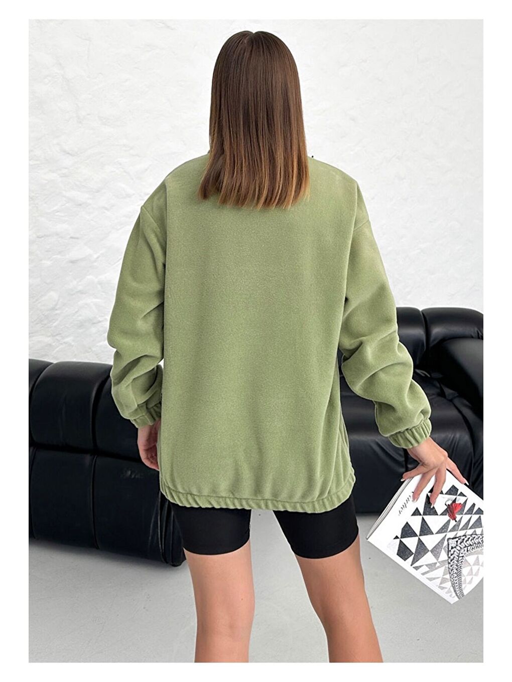 Kadın Haki Los Angeles Baskılı Oversize Yarım Fermuarlı Polo Yaka Polar Sweatshirt-5