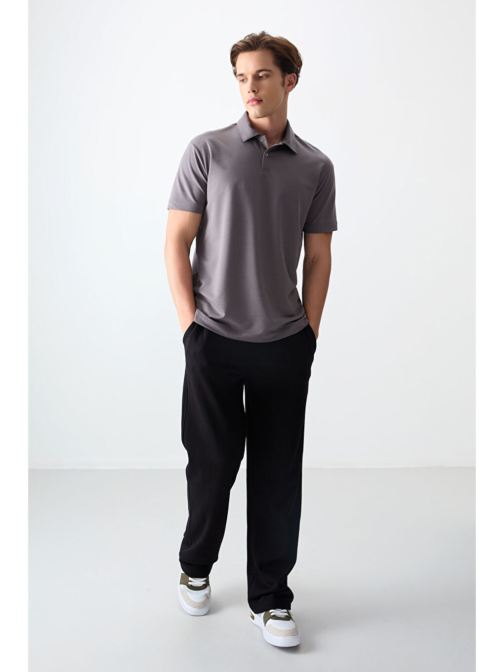 Koyu Gri Pamuklu Kalın Yumuşak Dokulu Polo Yaka Oversize Fit Basic Erkek Tişört- 88381-2