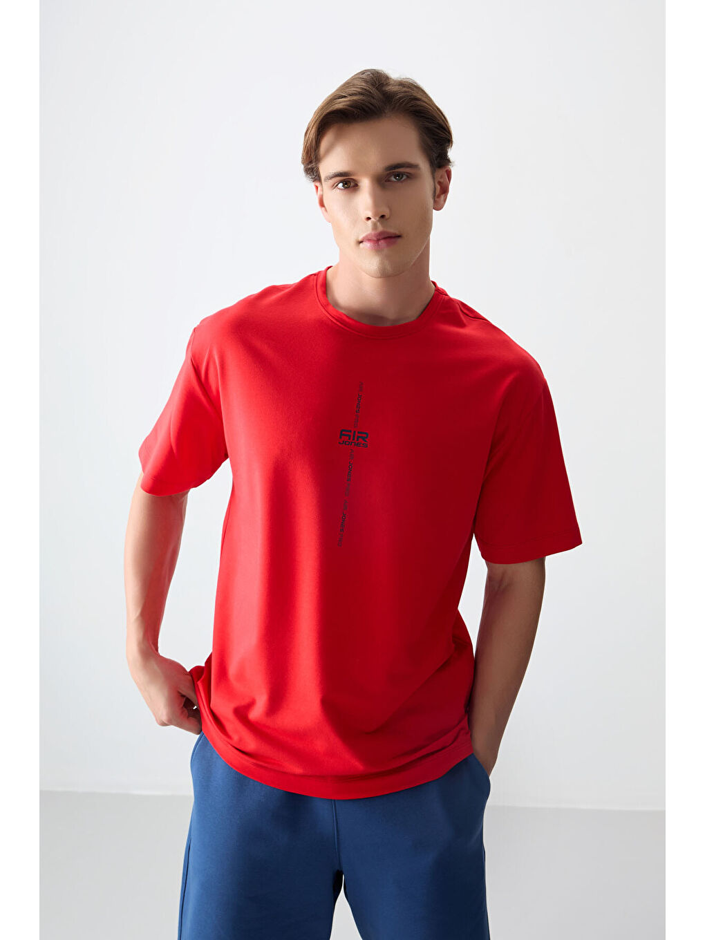 Kırmızı Pamuklu Kalın Yumuşak Dokulu Oversize Fit Baskılı Erkek Tişört - 88373