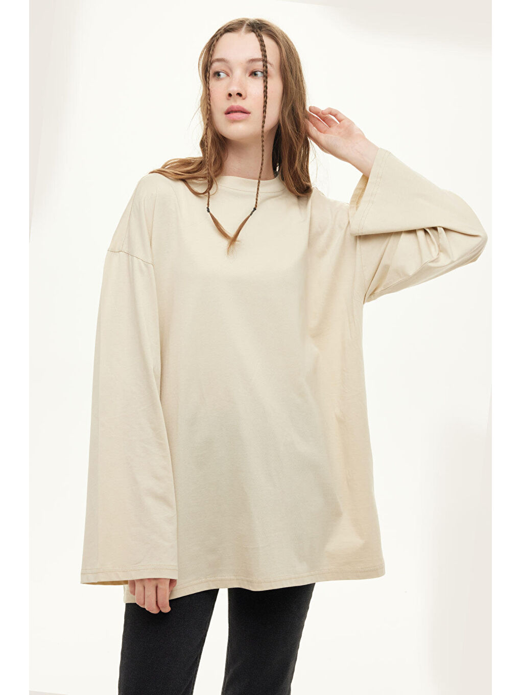 Geniş Kol Oversize Sweatshirt Bej