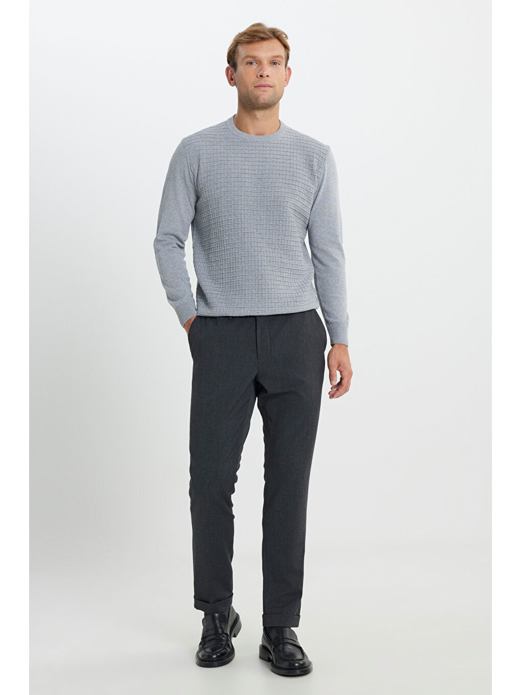 Erkek Kahverengi Yünlü Slim Fit Dar Kesim Balıksırtı Desenli Yan Cep Esnek Casual Pantolon