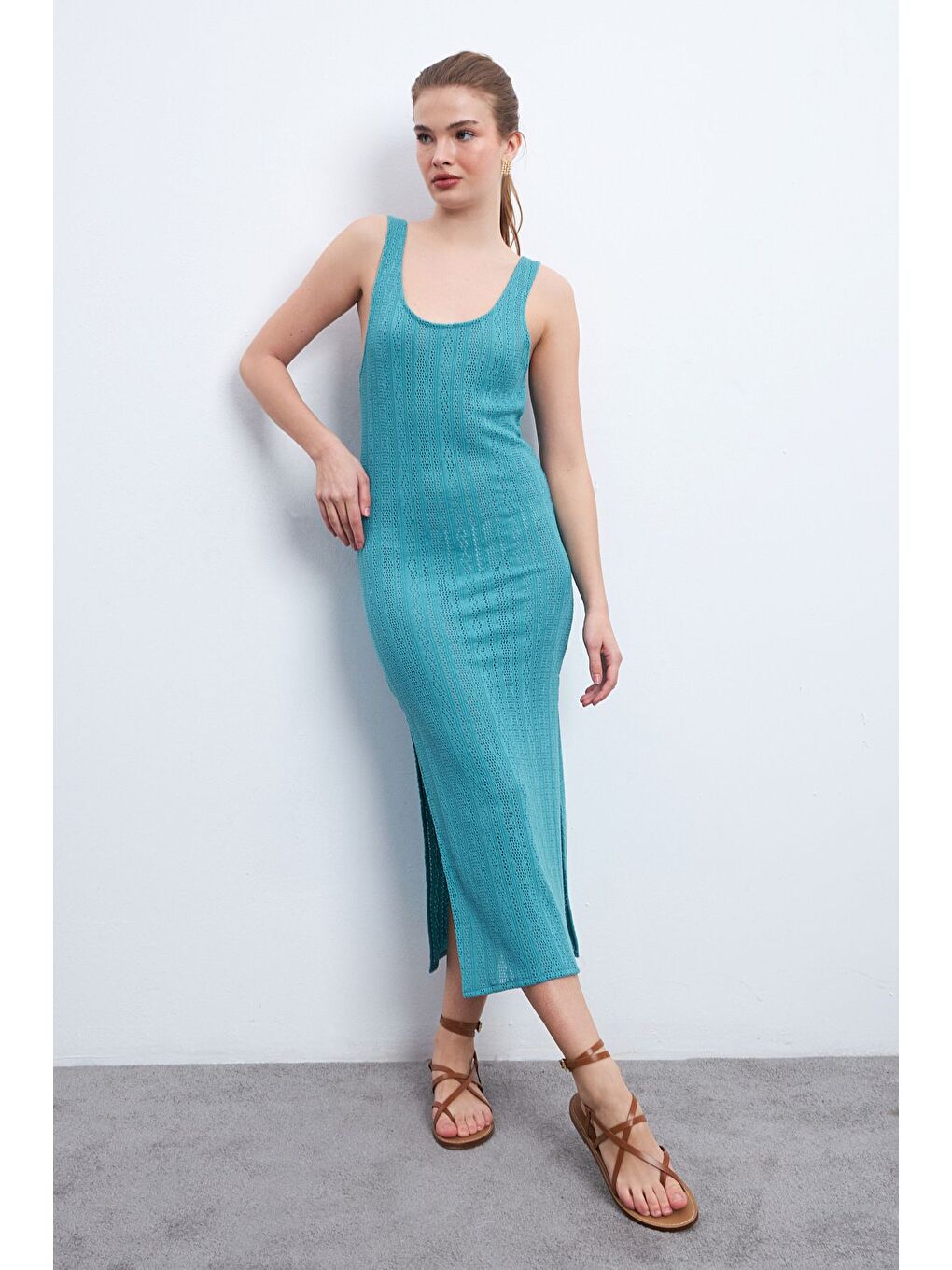 Kadın Ajurlu Pareo Elbise Turkuaz-1