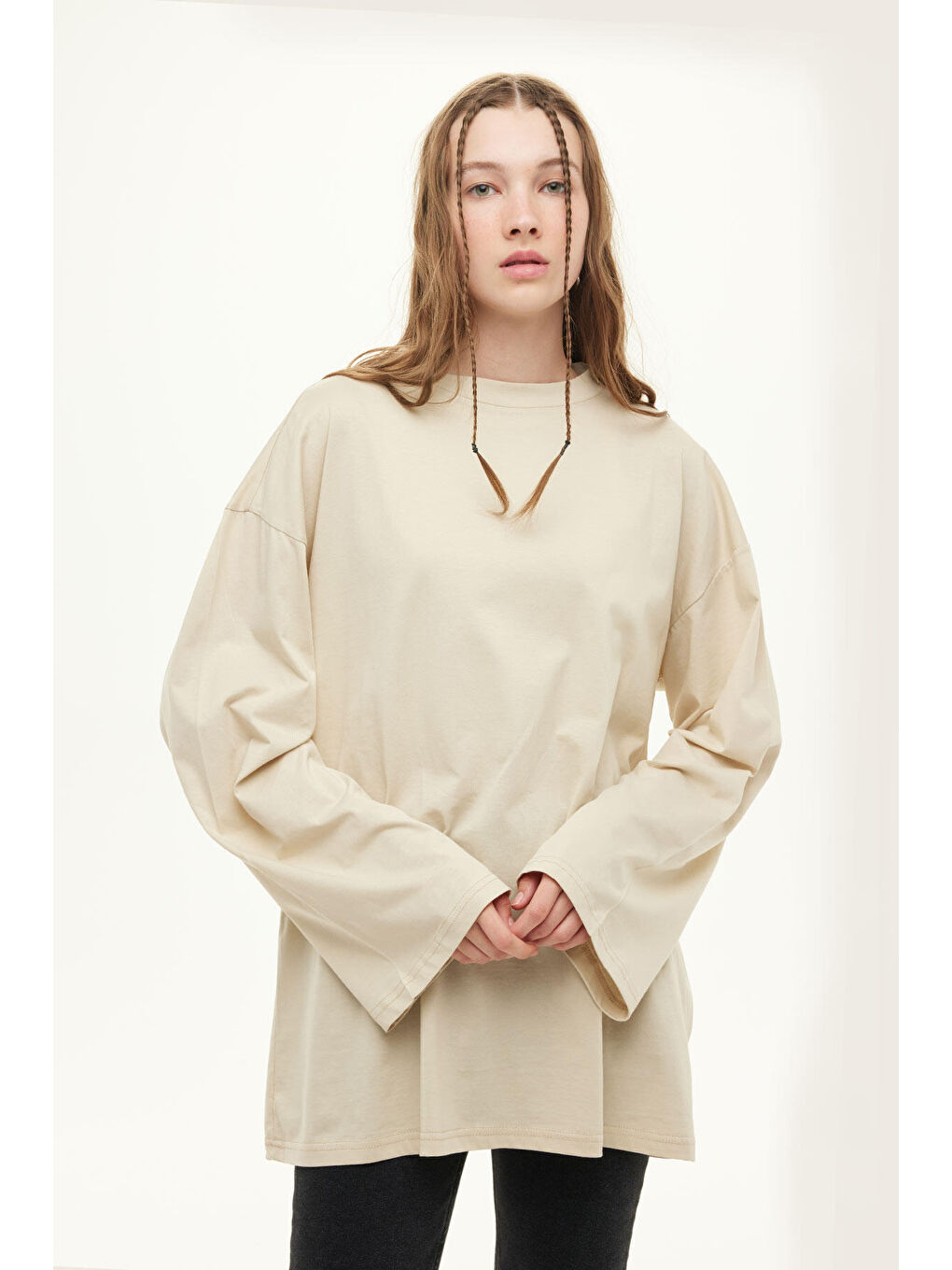 Geniş Kol Oversize Sweatshirt Bej-2