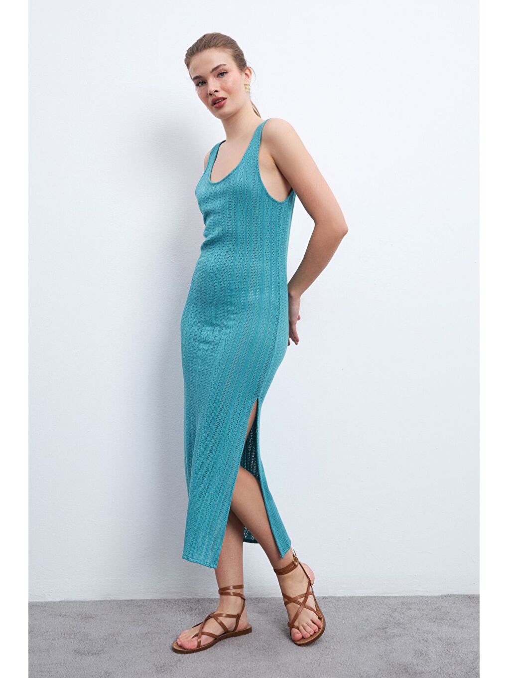 Kadın Ajurlu Pareo Elbise Turkuaz-2