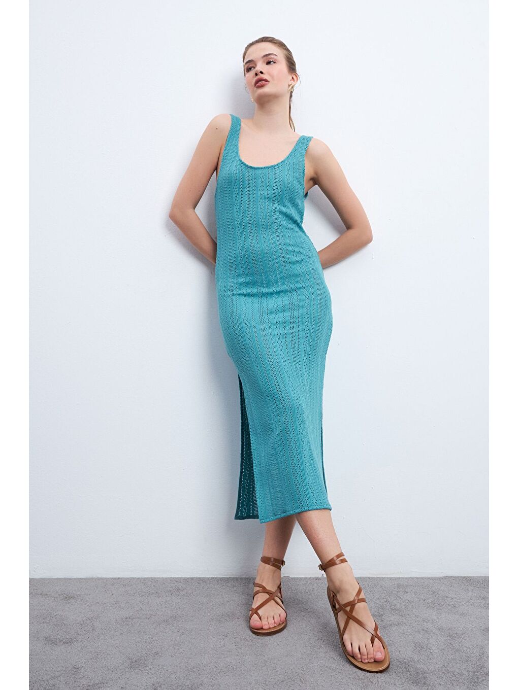Kadın Ajurlu Pareo Elbise Turkuaz-3