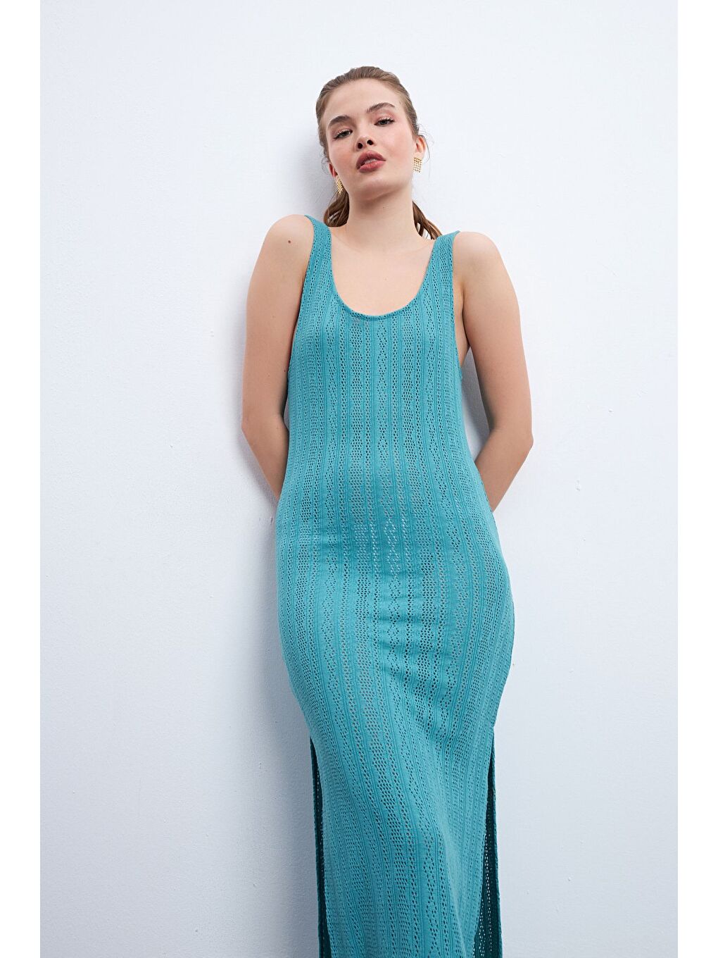 Kadın Ajurlu Pareo Elbise Turkuaz-4