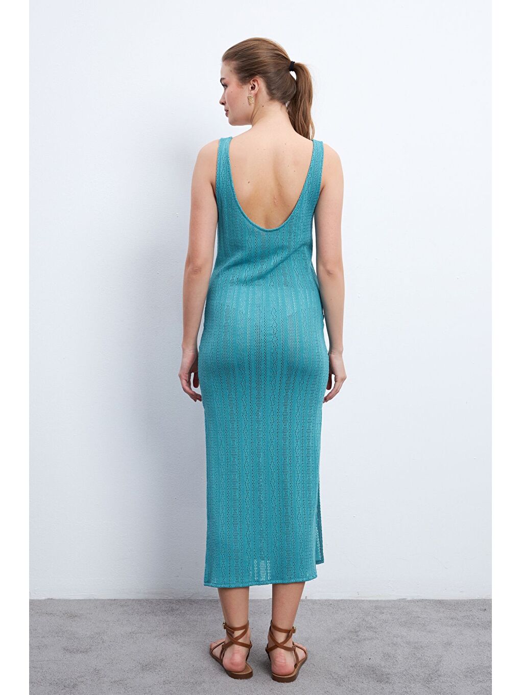 Kadın Ajurlu Pareo Elbise Turkuaz-5