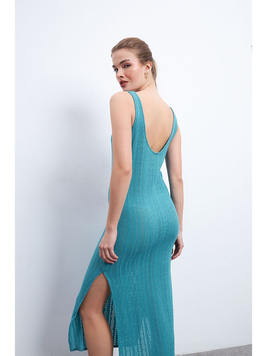 Kadın Ajurlu Pareo Elbise Turkuaz-6