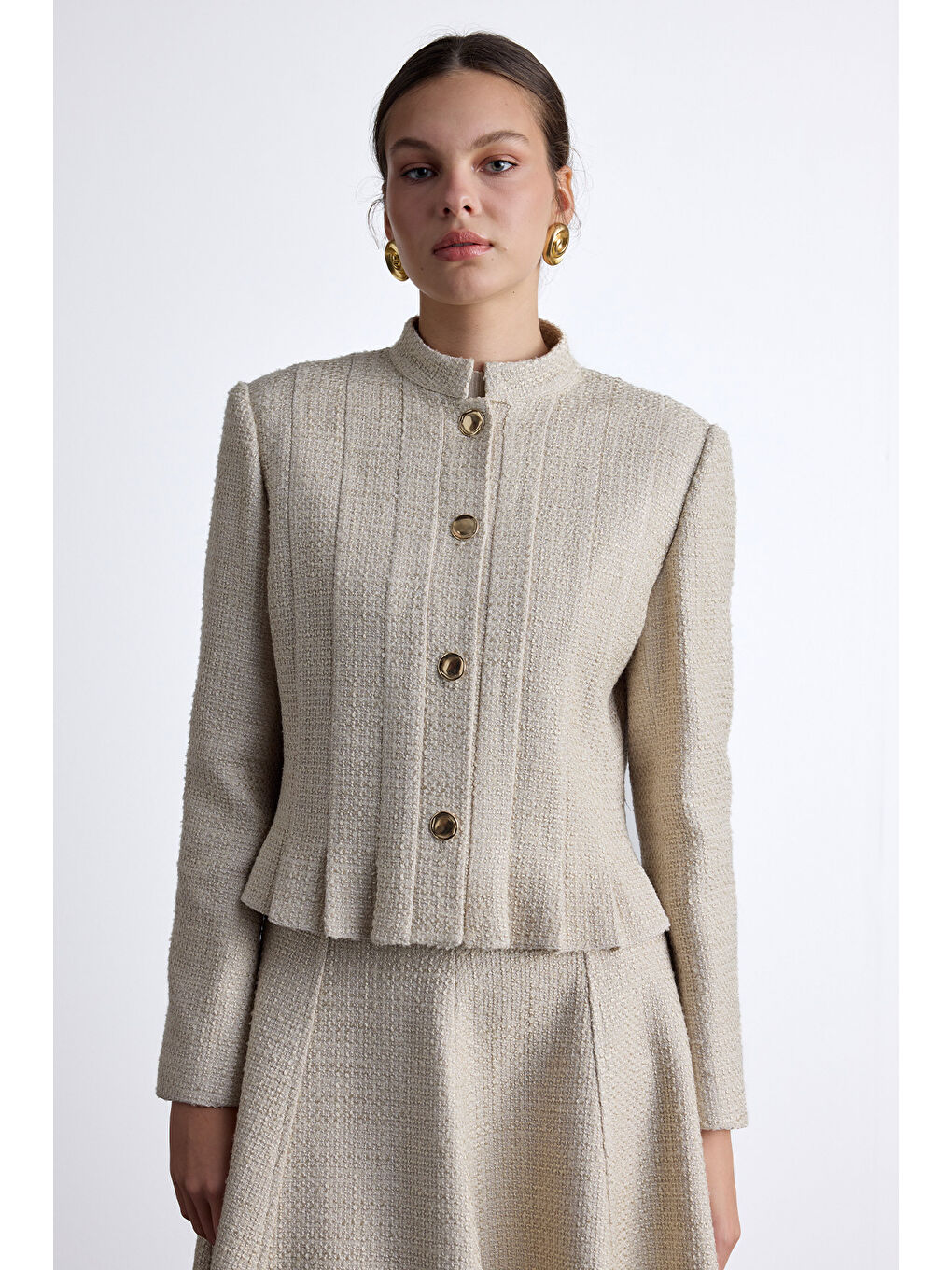 Dokulu Düğmeli Ceket Bej-4