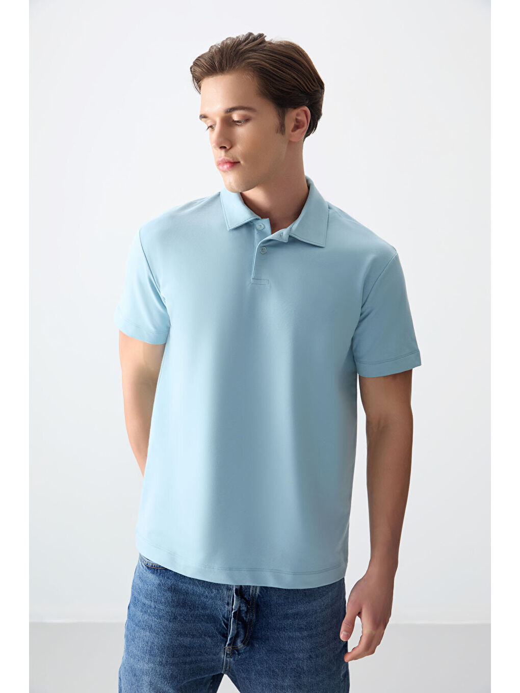 Açık Mavi Pamuklu Kalın Yumuşak Dokulu Polo Yaka Oversize Fit Basic Erkek T- Shirt - 88381