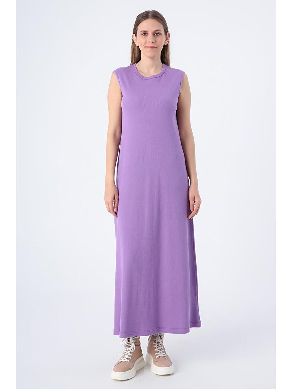 Mor Pamuklu Fitilli Kolsuz İçlik Elbise-1