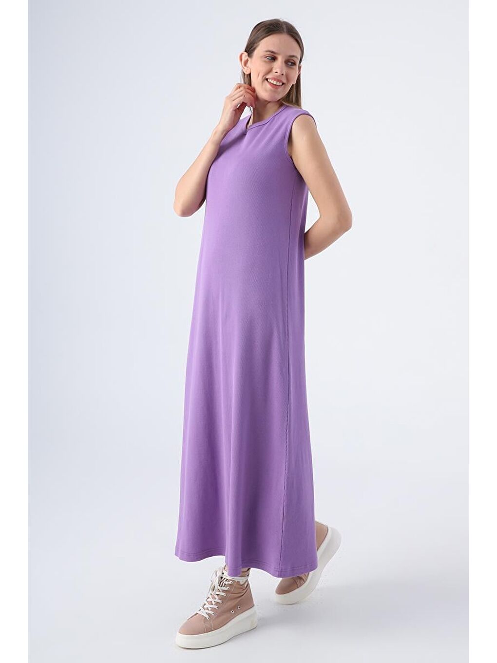 Mor Pamuklu Fitilli Kolsuz İçlik Elbise-2
