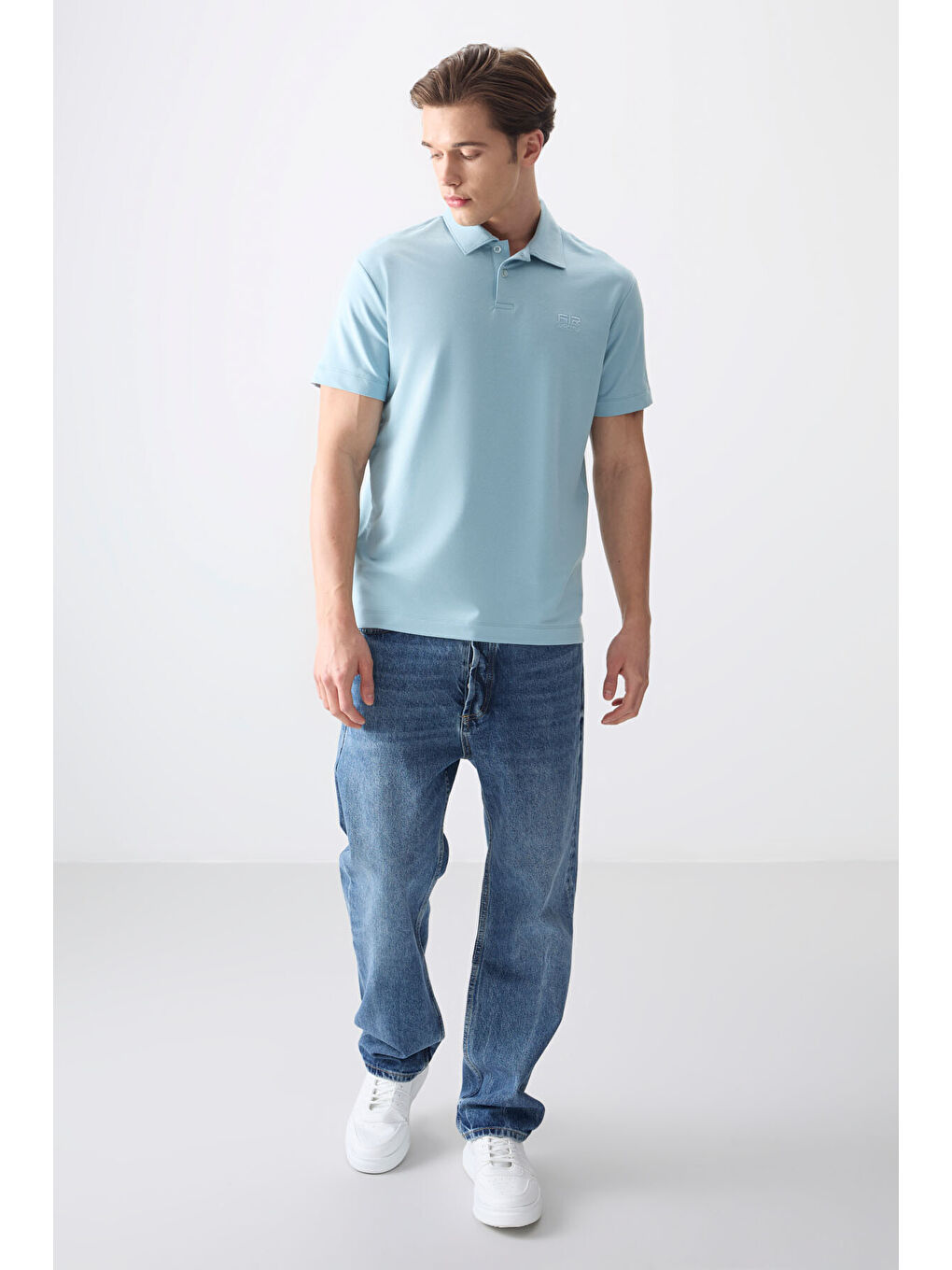 Açık Mavi Pamuklu Kalın Yumuşak Dokulu Polo Yaka Oversize Fit Basic Erkek T- Shirt - 88381-1