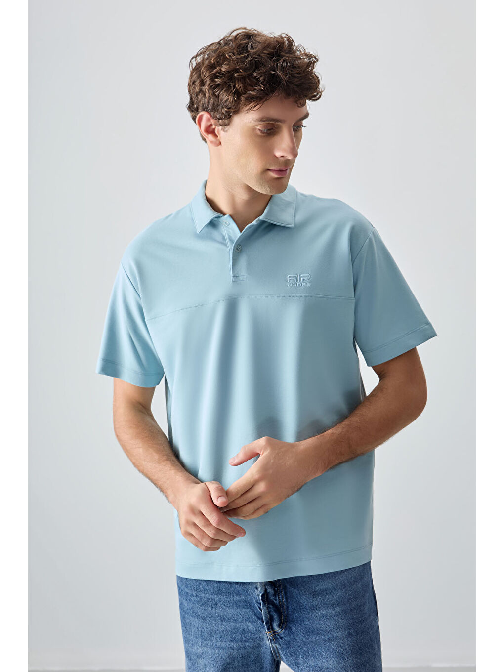 Açık Mavi Pamuklu Kalın Yumuşak Dokulu Polo Yaka Oversize Fit Basic Erkek Tişört- 88382