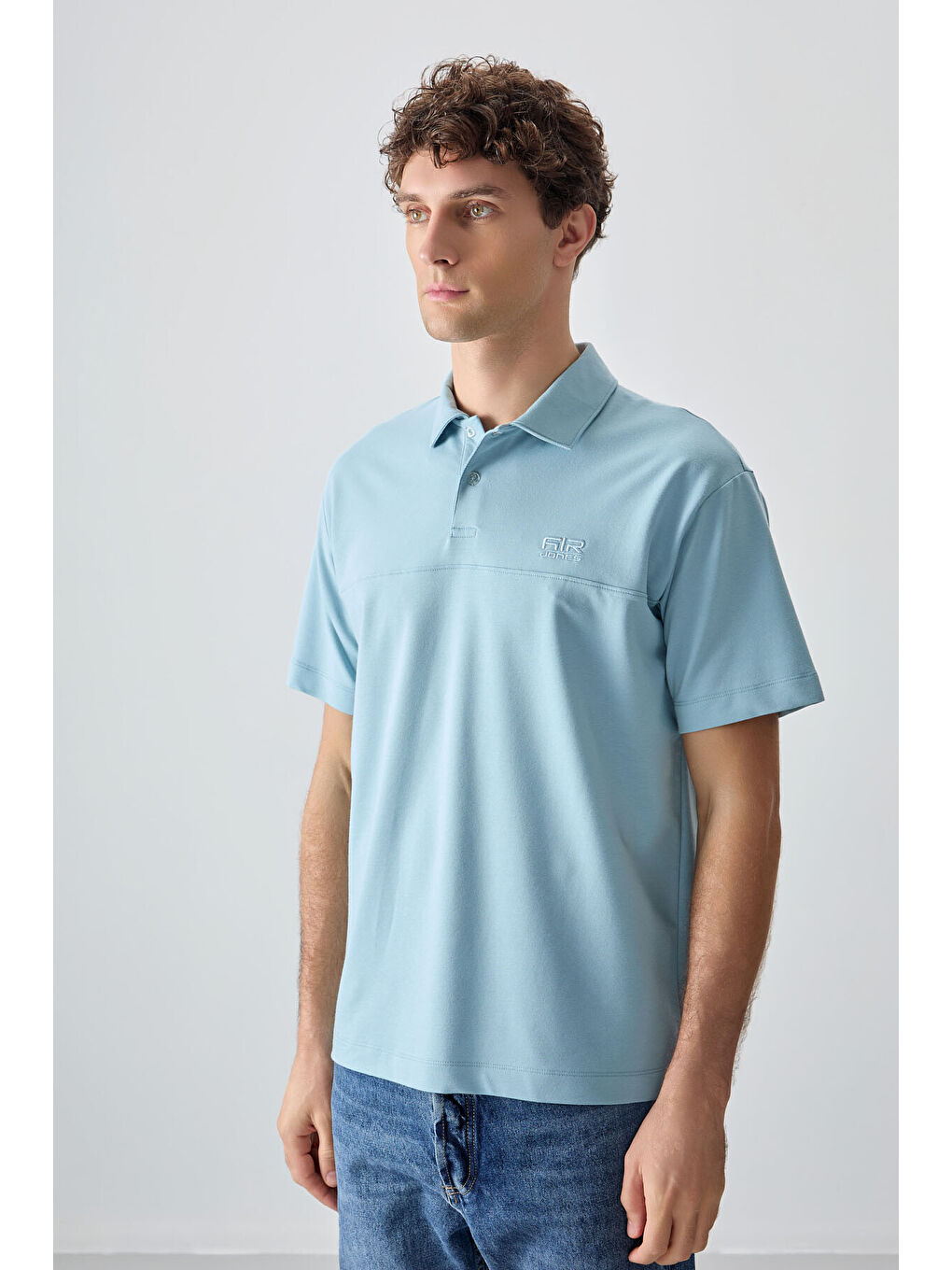 Açık Mavi Pamuklu Kalın Yumuşak Dokulu Polo Yaka Oversize Fit Basic Erkek Tişört- 88382-2
