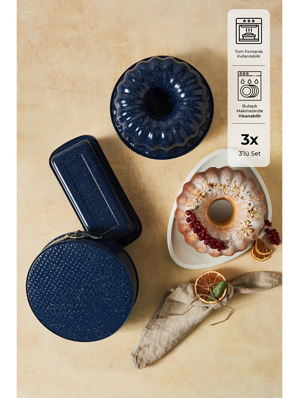 Lacivert Wellbake 3'lü Kek Kalıbı Seti