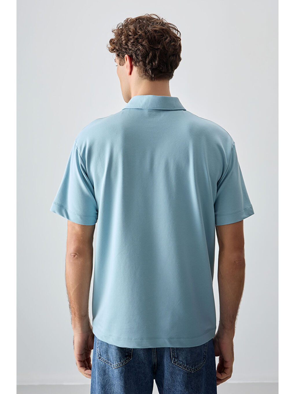 Açık Mavi Pamuklu Kalın Yumuşak Dokulu Polo Yaka Oversize Fit Basic Erkek Tişört- 88382-4