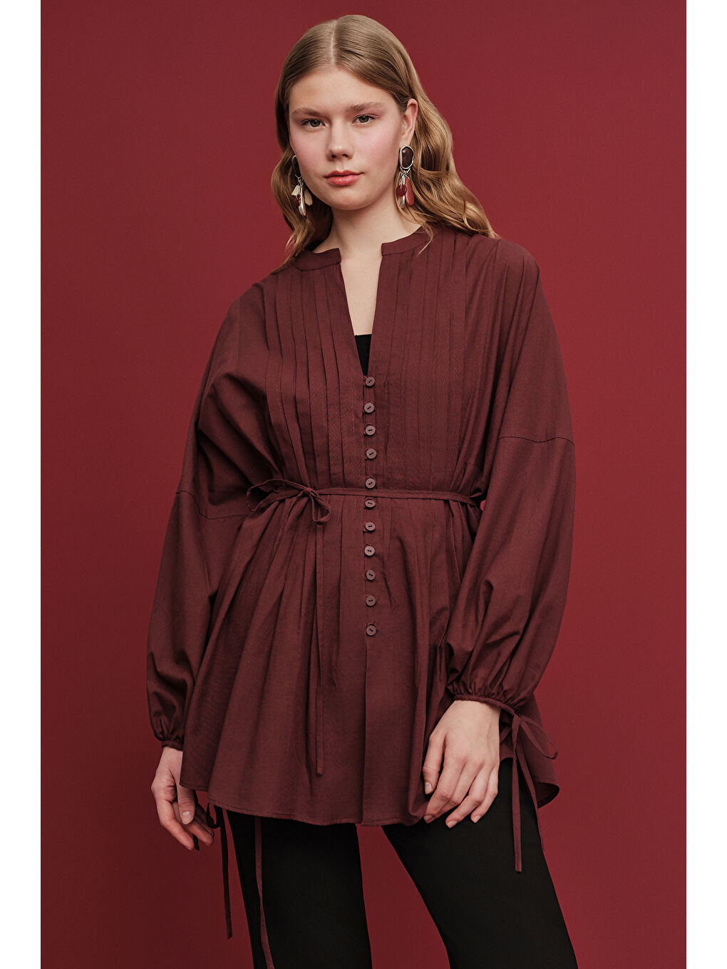 Nervür Detaylı Vual Tunik Bordo-1