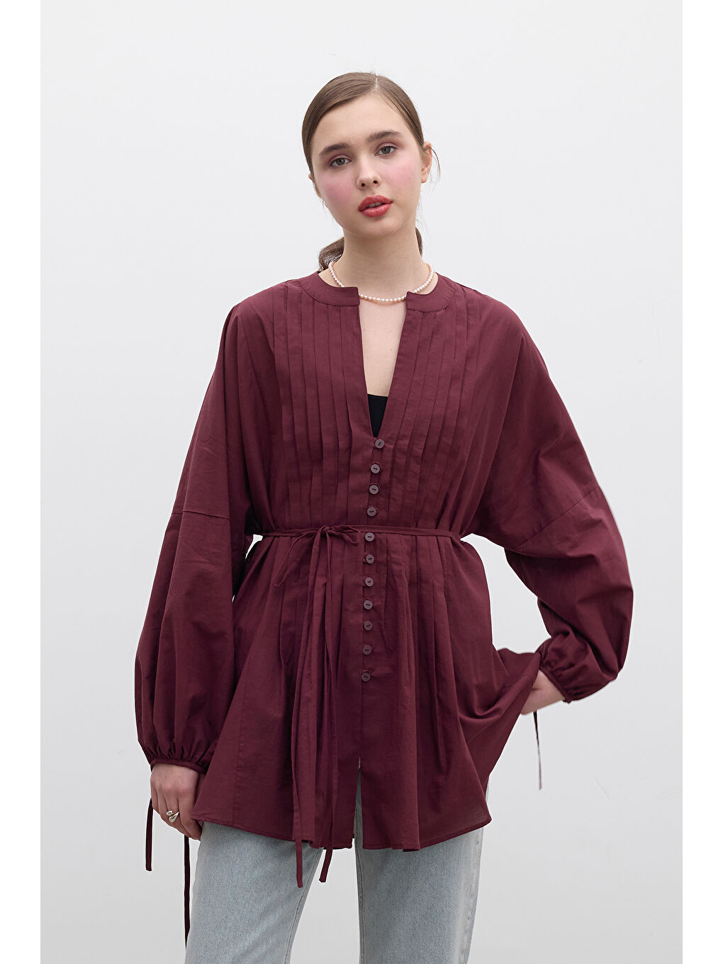 Nervür Detaylı Vual Tunik Bordo-2