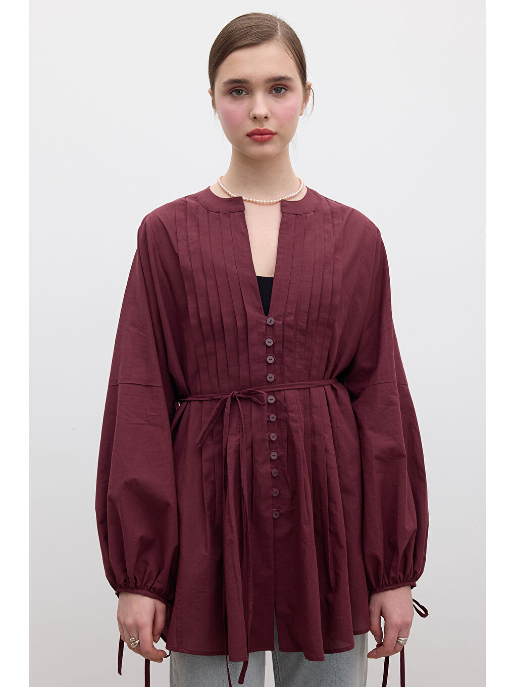 Nervür Detaylı Vual Tunik Bordo-3