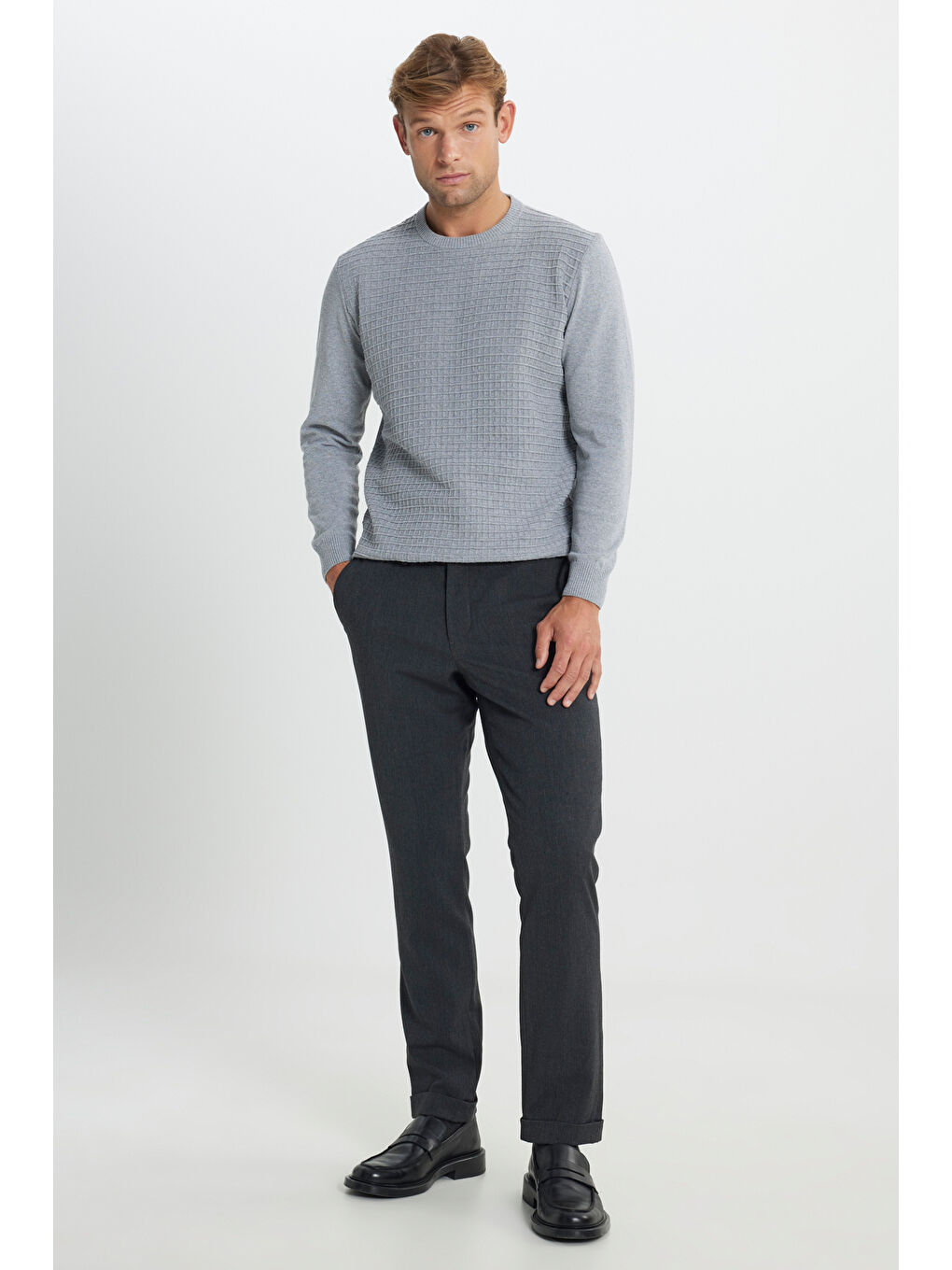 Erkek Kahverengi Yünlü Slim Fit Dar Kesim Balıksırtı Desenli Yan Cep Esnek Casual Pantolon-2