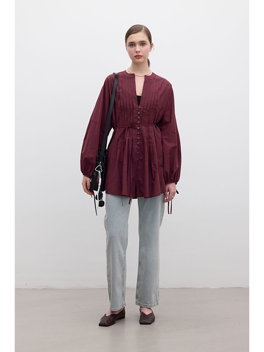 Nervür Detaylı Vual Tunik Bordo-4