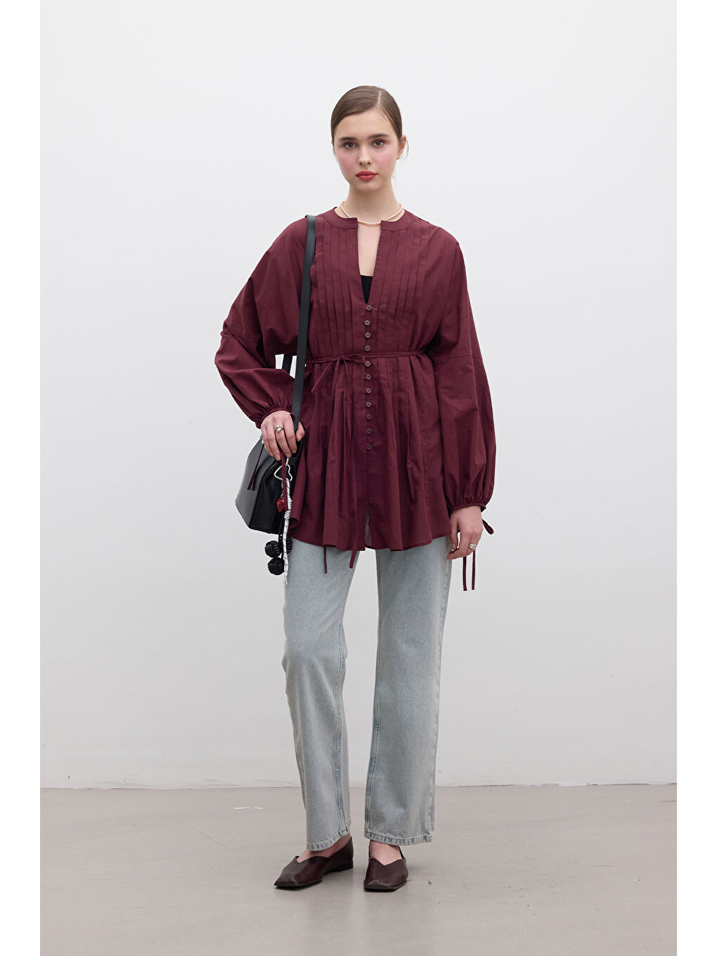 Nervür Detaylı Vual Tunik Bordo-5