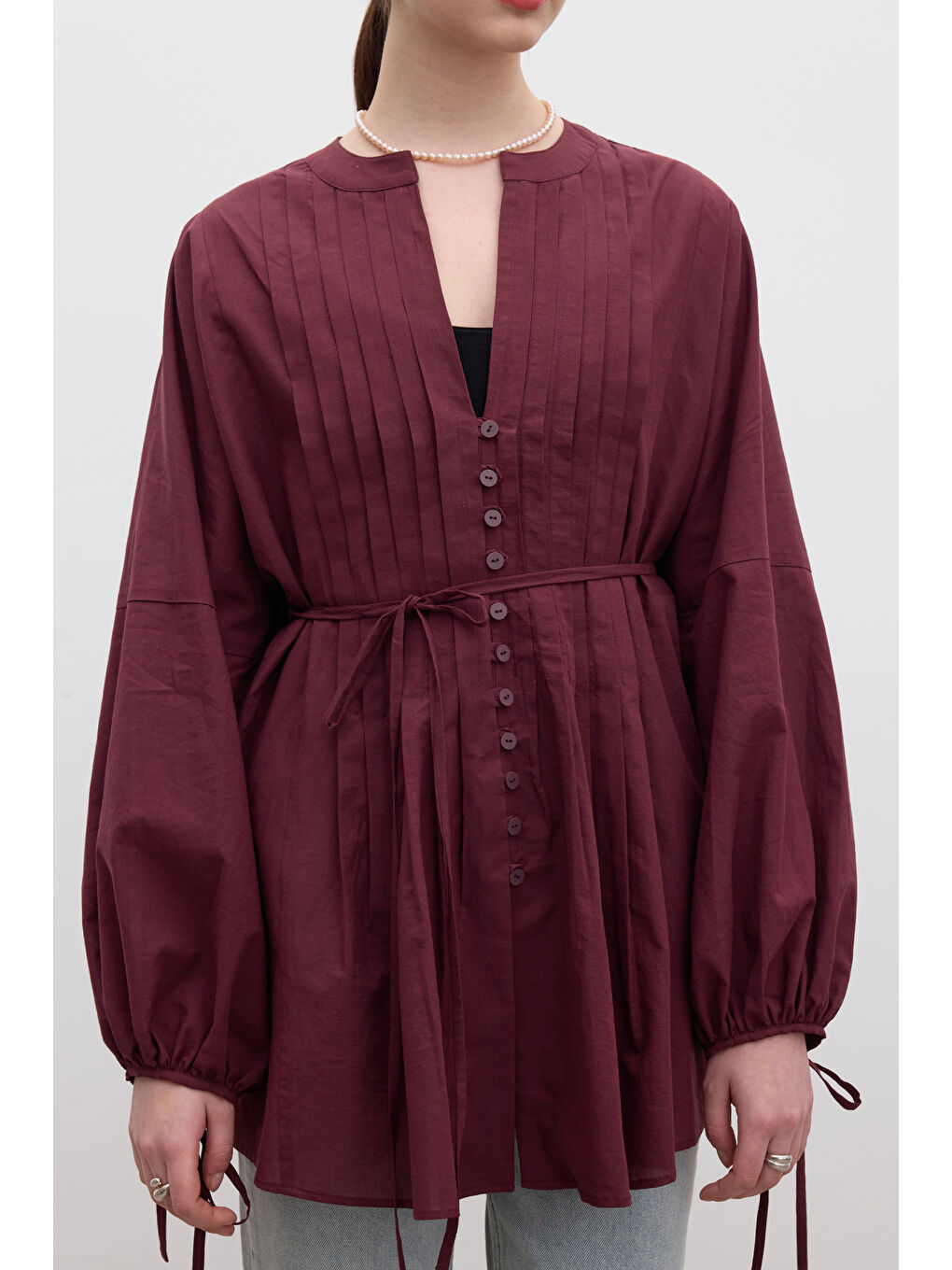 Nervür Detaylı Vual Tunik Bordo-6