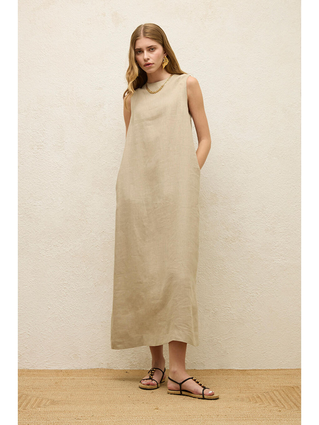 Bej Kolsuz Keten Rahat Elbise Kum-1