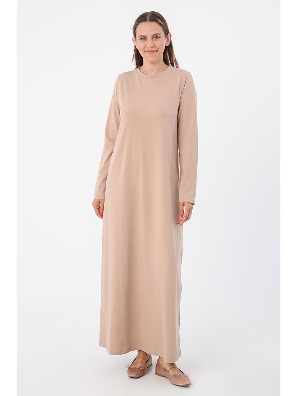 Bej Pamuklu Basic Uzun Kollu İçlik Elbise-1