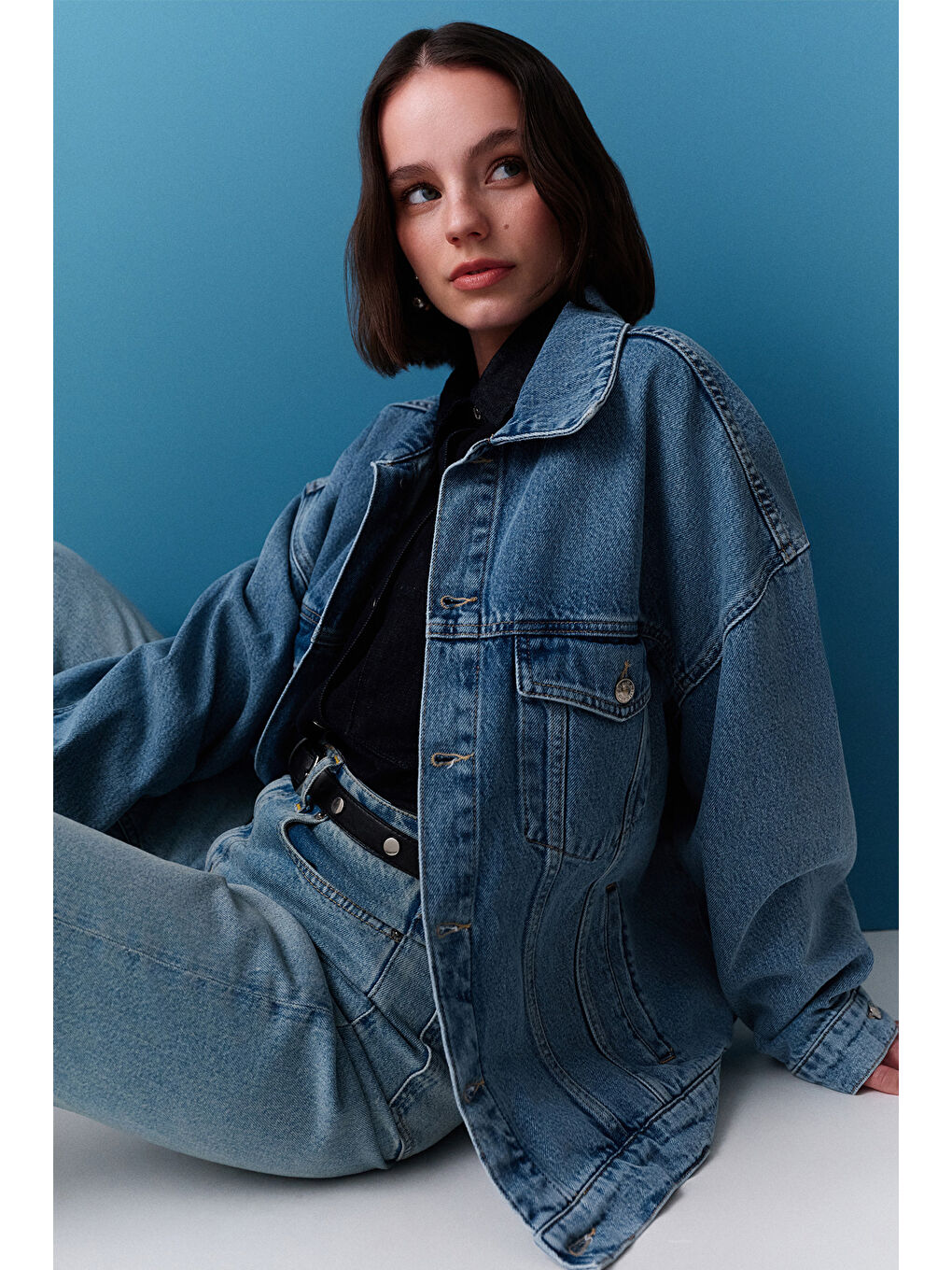 Oversıze Form Denim Ceket Mavi