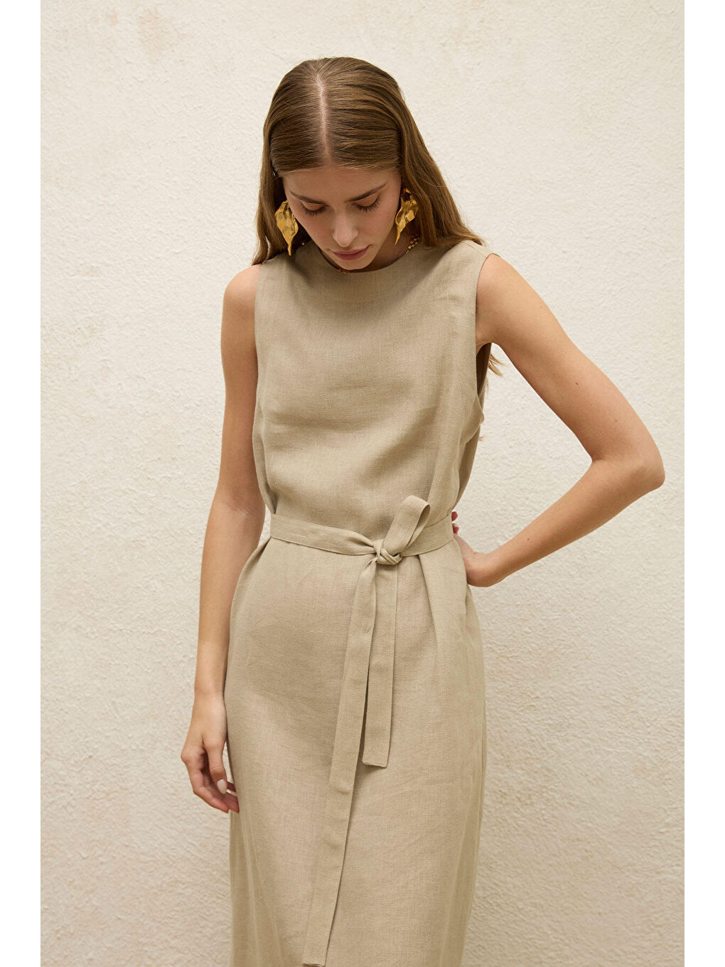 Bej Kolsuz Keten Rahat Elbise Kum-2