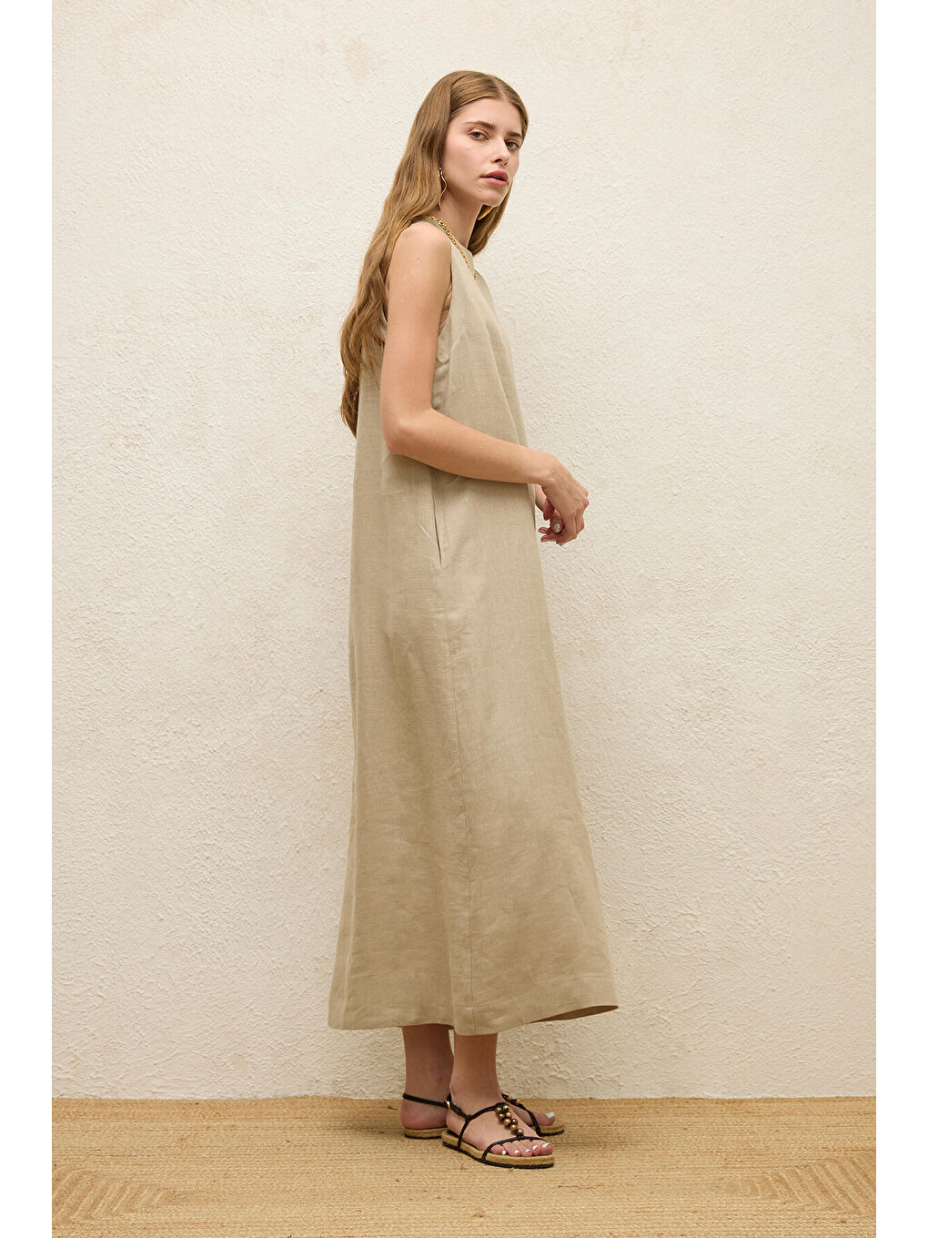 Bej Kolsuz Keten Rahat Elbise Kum-3