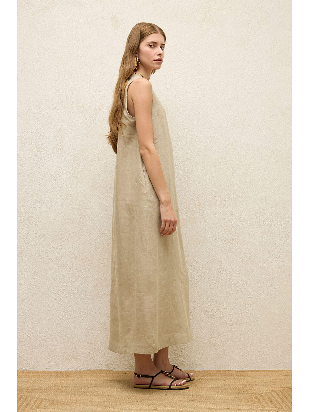 Bej Kolsuz Keten Rahat Elbise Kum-4