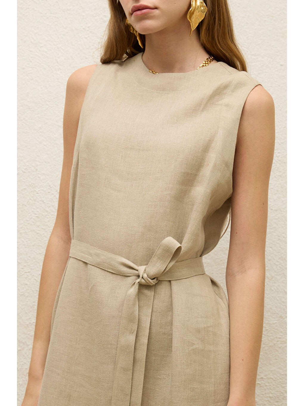 Bej Kolsuz Keten Rahat Elbise Kum-5