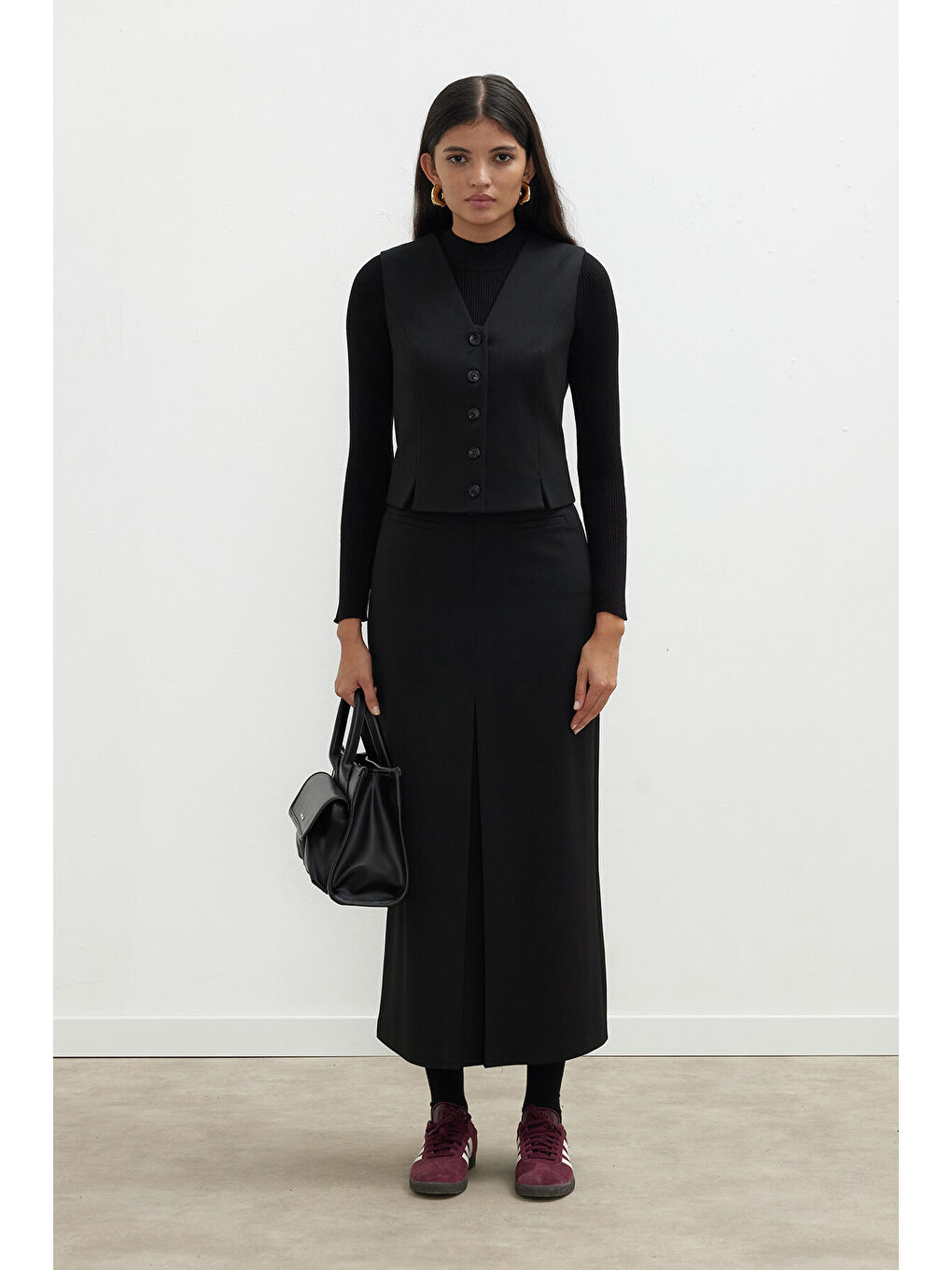 Premıum Pile Detaylı Kalem Etek Siyah-2