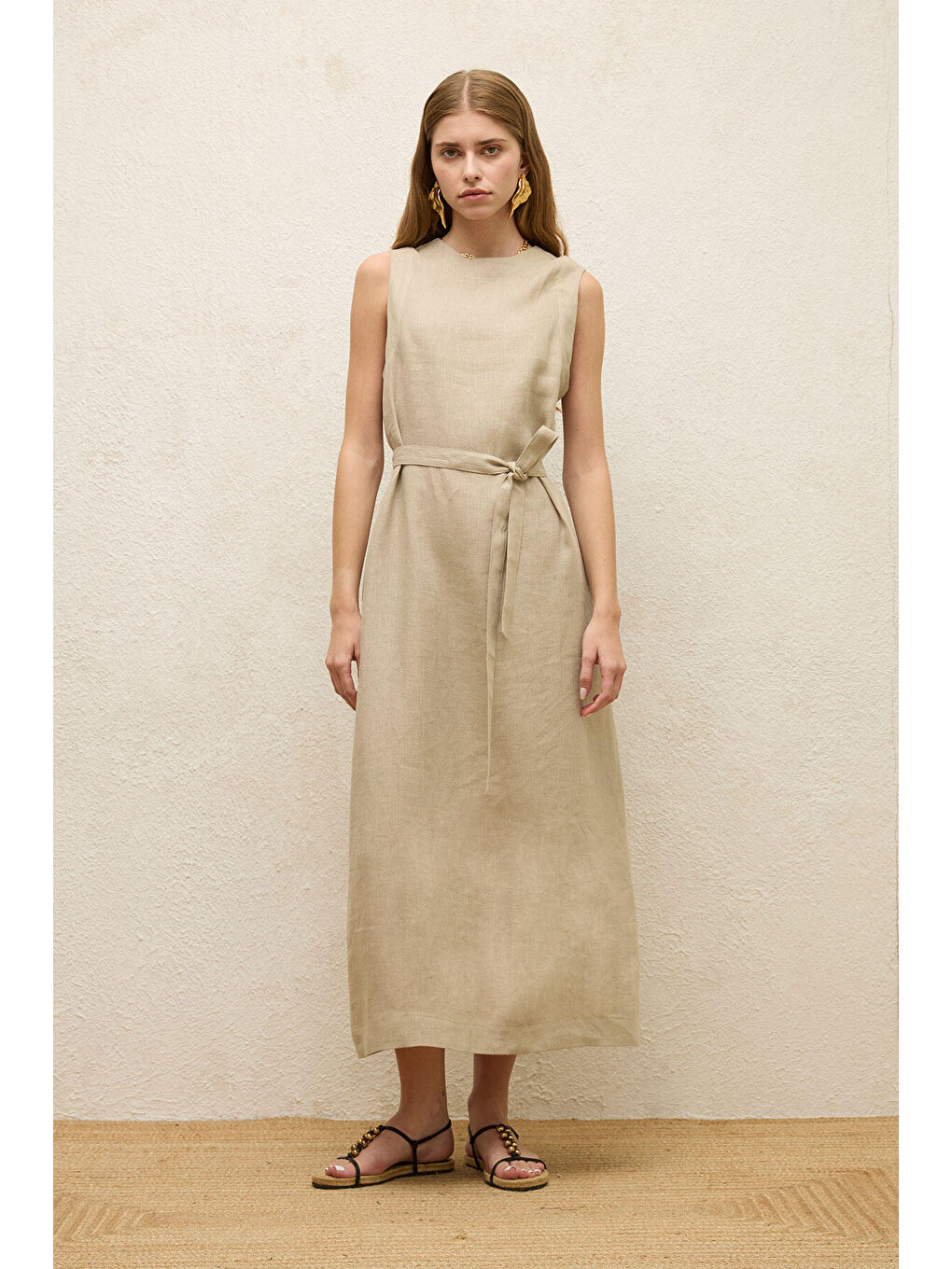 Bej Kolsuz Keten Rahat Elbise Kum-6