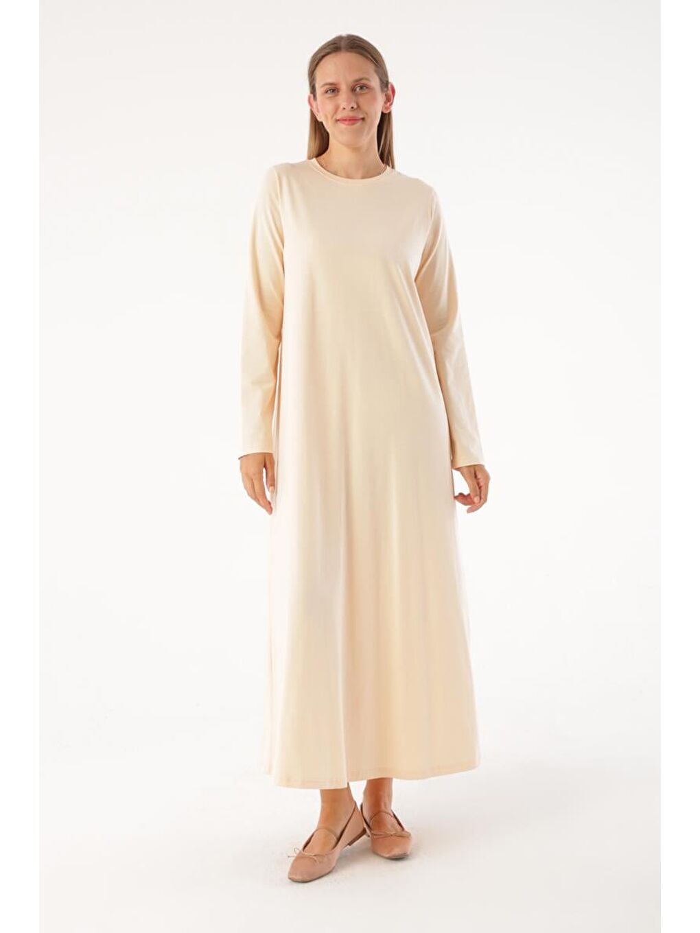 Bej Ten-Uzun Kollu İçlik Elbise-1