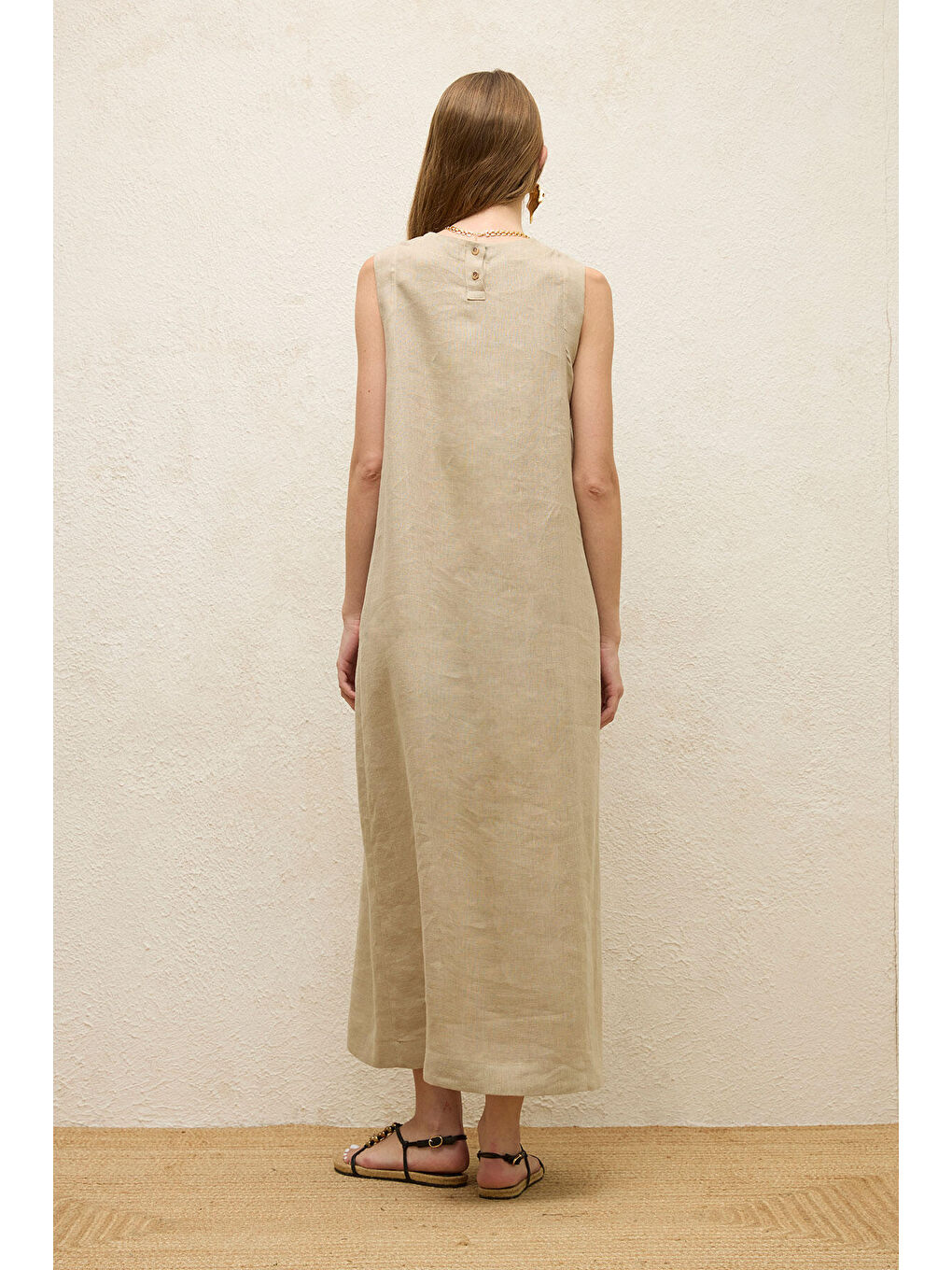 Bej Kolsuz Keten Rahat Elbise Kum-7