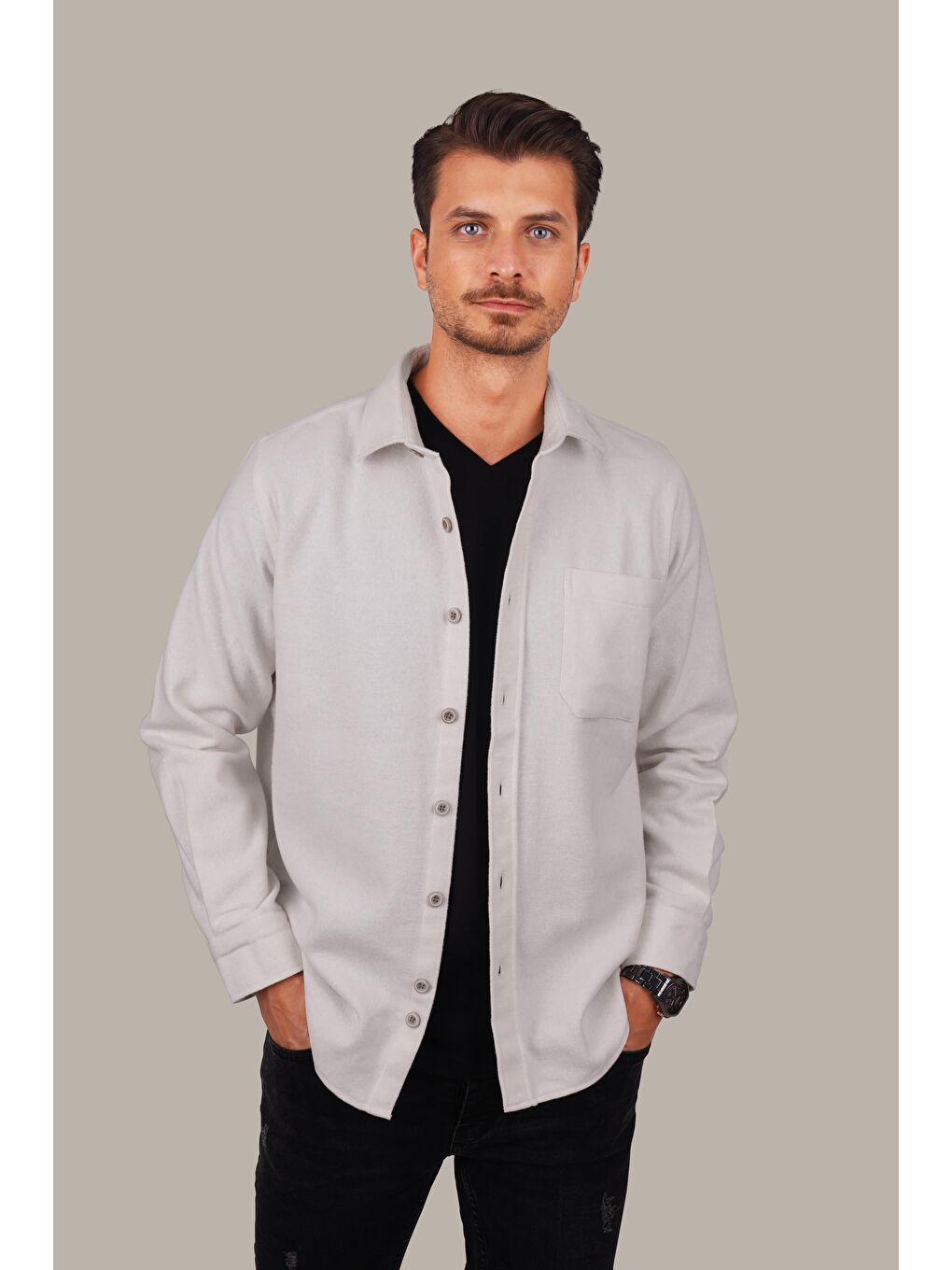 Beyaz Düz Oversize (Geniş Kalıp) Kalın Oduncu Erkek Gömlek-2