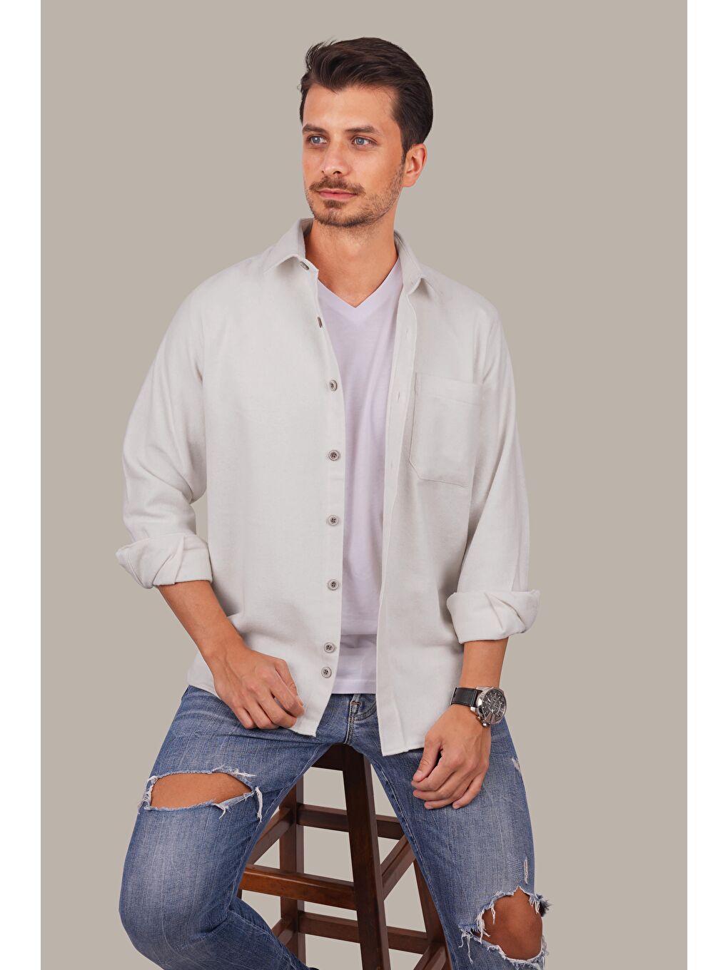 Beyaz Düz Oversize (Geniş Kalıp) Kalın Oduncu Erkek Gömlek-1