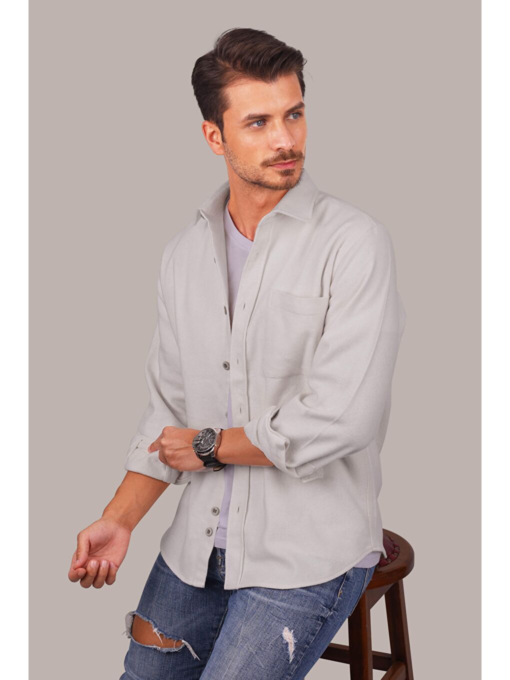 Beyaz Düz Oversize (Geniş Kalıp) Kalın Oduncu Erkek Gömlek-4