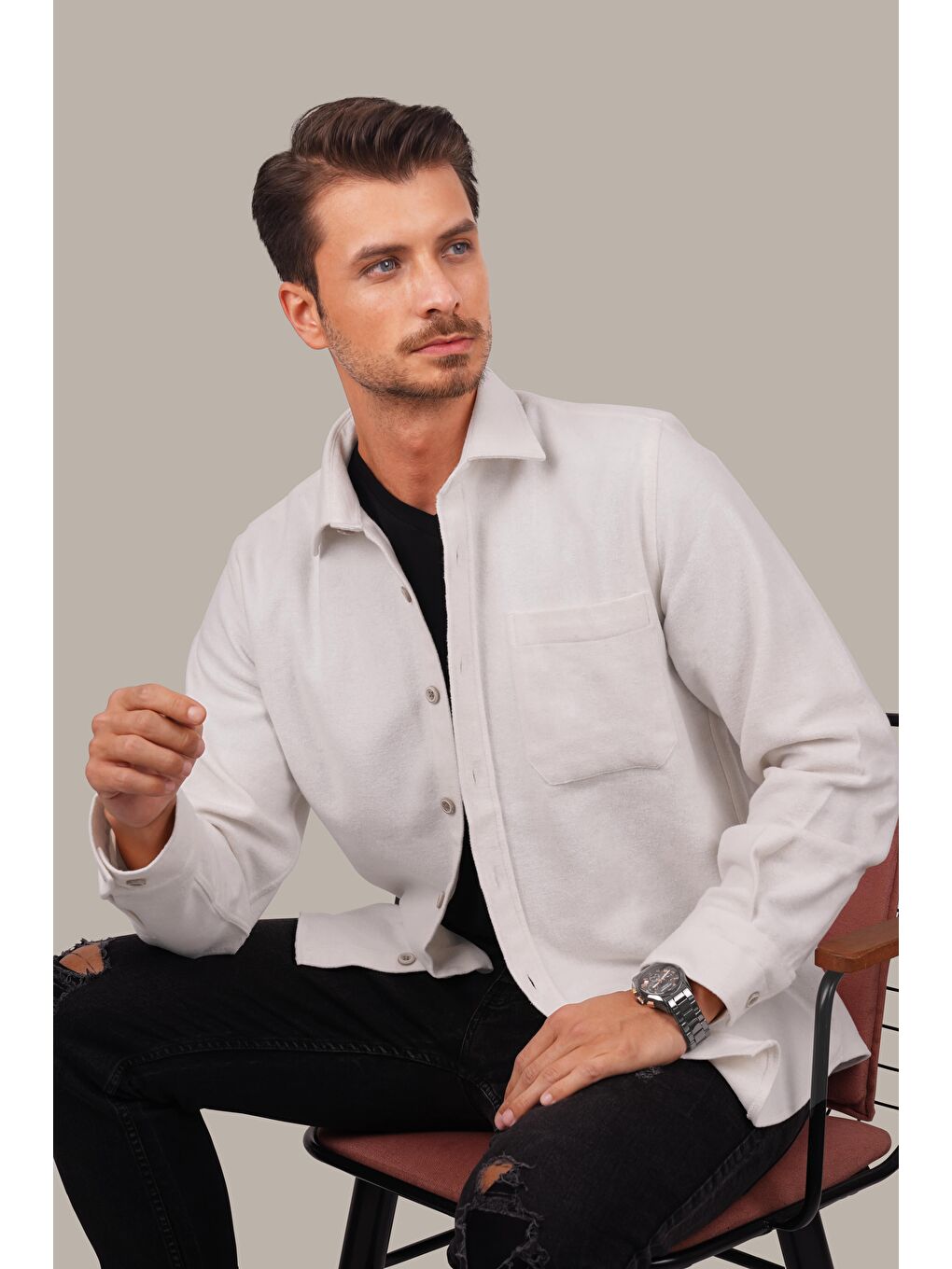 Beyaz Düz Oversize (Geniş Kalıp) Kalın Oduncu Erkek Gömlek-6