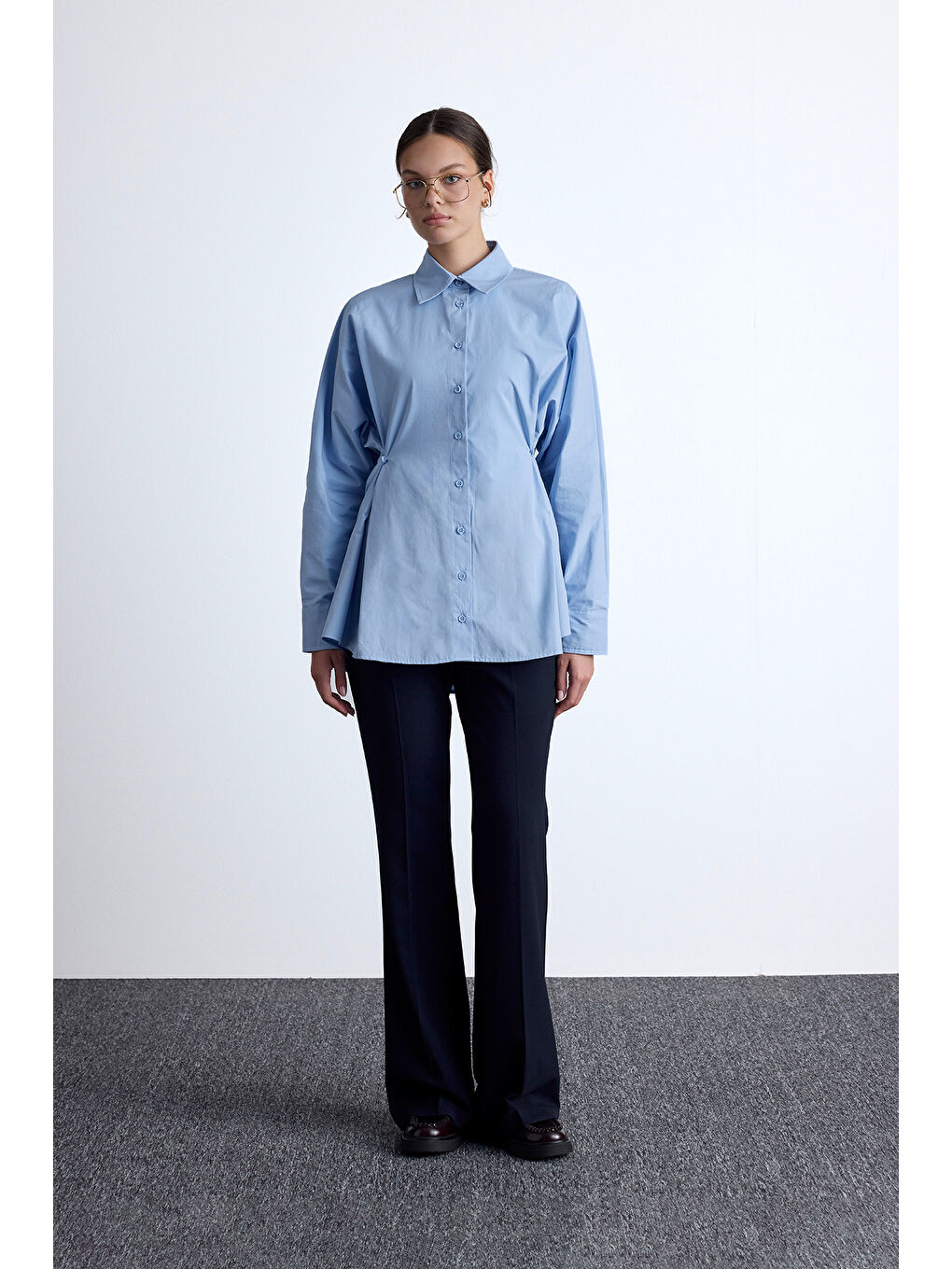 Bel Ayarlamalı Gömlek Mavi-1