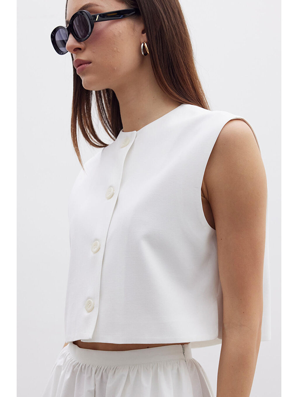 Önden Düğmeli Kısa Yelek Ekru-4