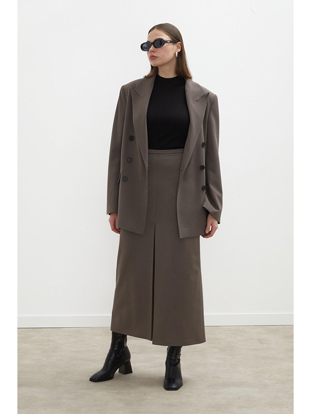 Bej Premıum Pile Detaylı Kalem Etek Vizon-1