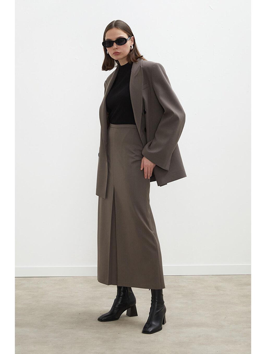 Bej Premıum Pile Detaylı Kalem Etek Vizon-2