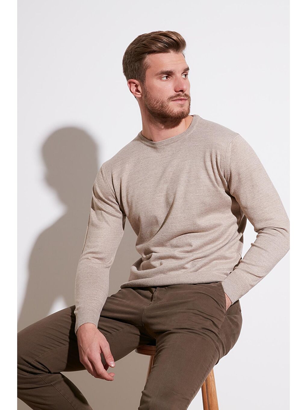 Bej Yünlü Slim Fit Bisiklet Yaka Triko Erkek Kazak 518BISIKLET