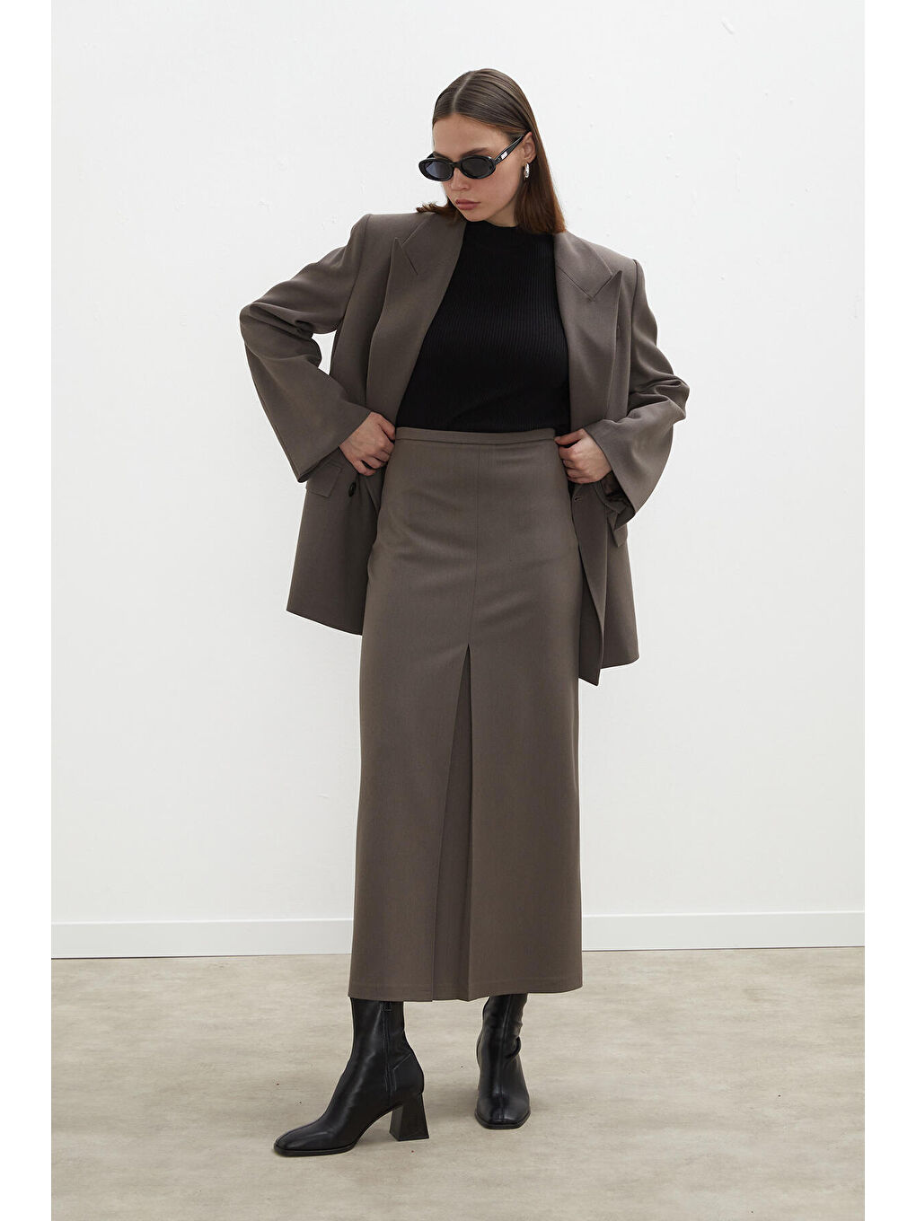 Bej Premıum Pile Detaylı Kalem Etek Vizon-3