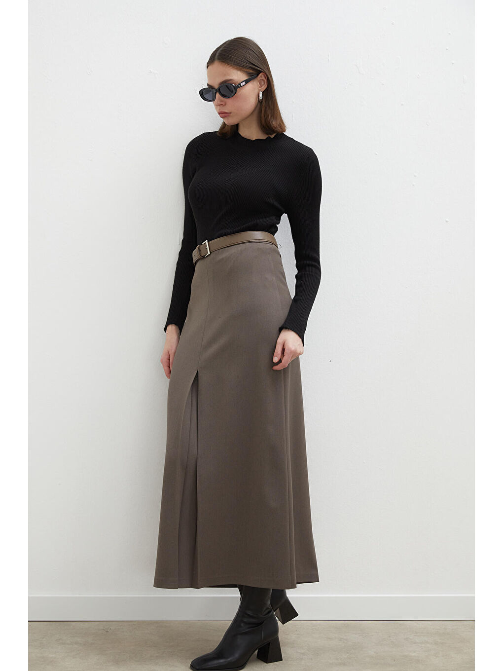 Bej Premıum Pile Detaylı Kalem Etek Vizon-4